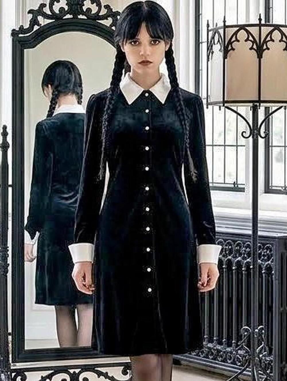Ronni Nicolle Vintage Black velvet dress with satin white collar and cuffs